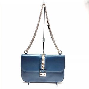 Auth Valentino Garavani Navy Blue Glam Lock Rockstud Medium Flap Shoulder Bag